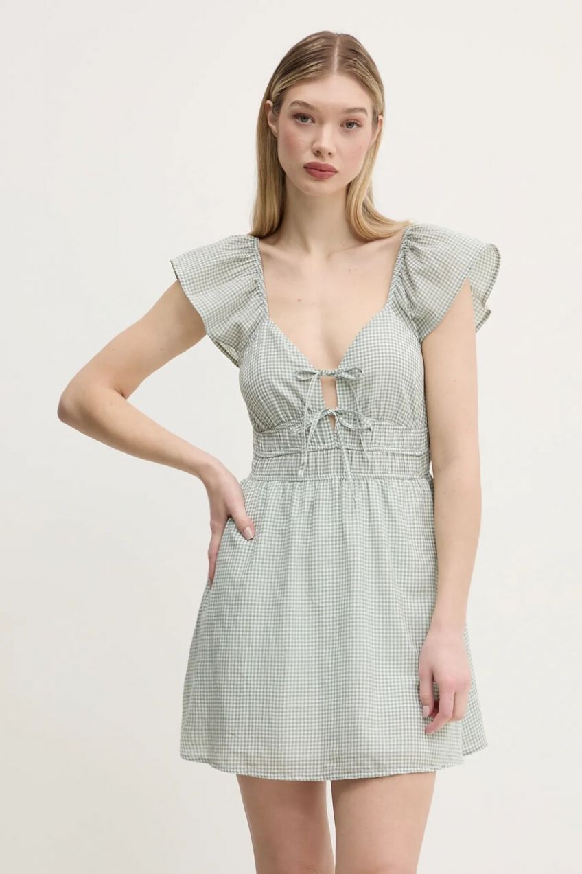 Bavlnené šaty Hollister Co. zelená farba, mini, áčkový strih, KI359-5054