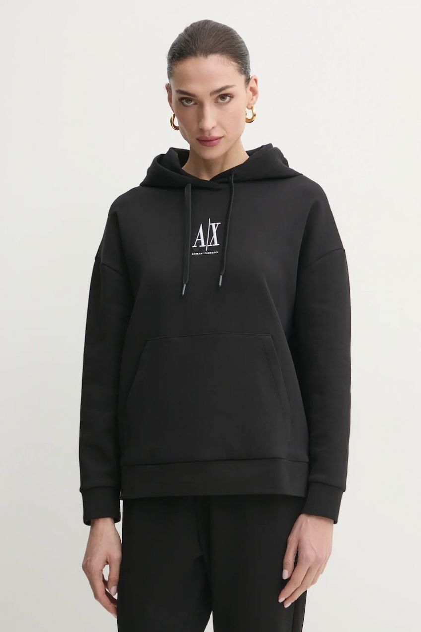 Mikina Armani Exchange dámska, čierna farba, s kapucňou, s nášivkou, XW000823 AF10818