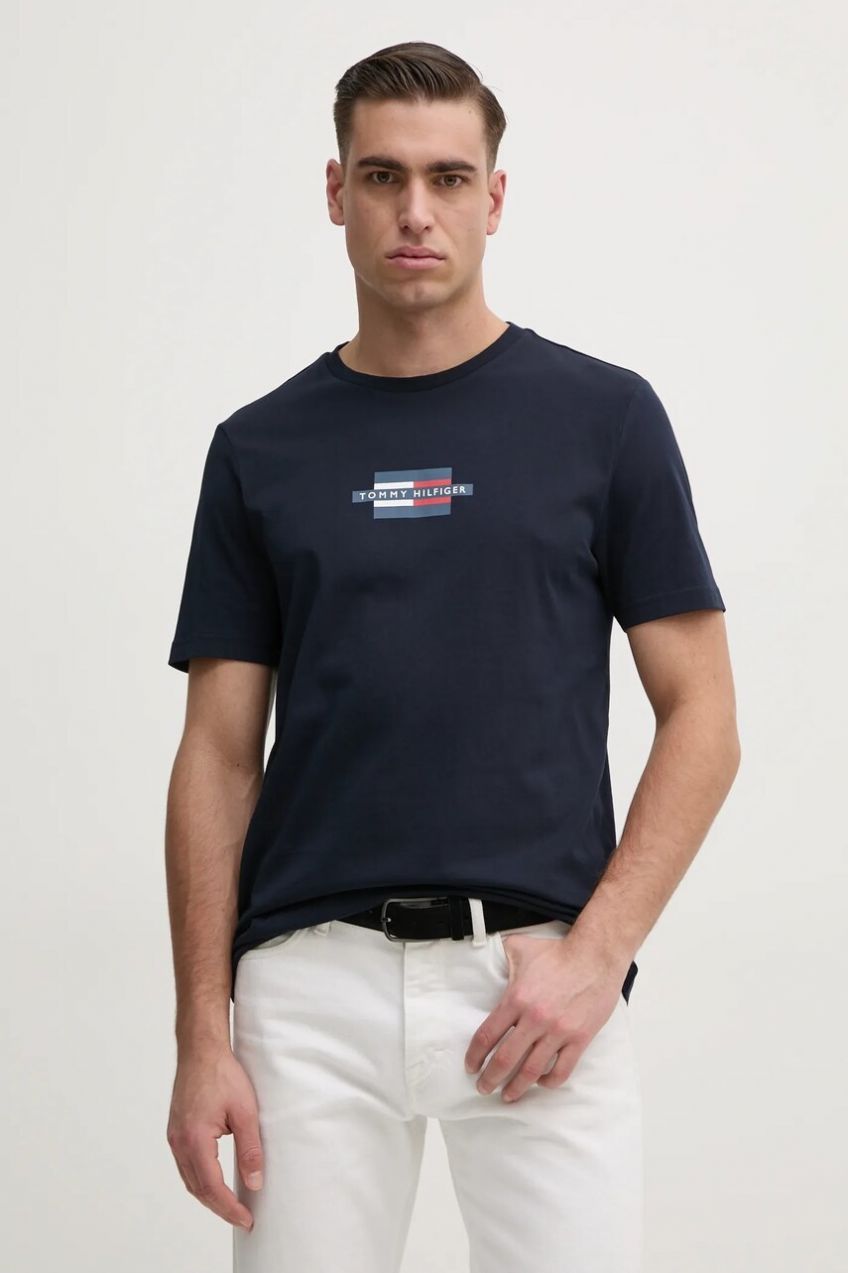 Bavlnené tričko Tommy Hilfiger pánske, tmavomodrá farba, s potlačou, MW0MW38636