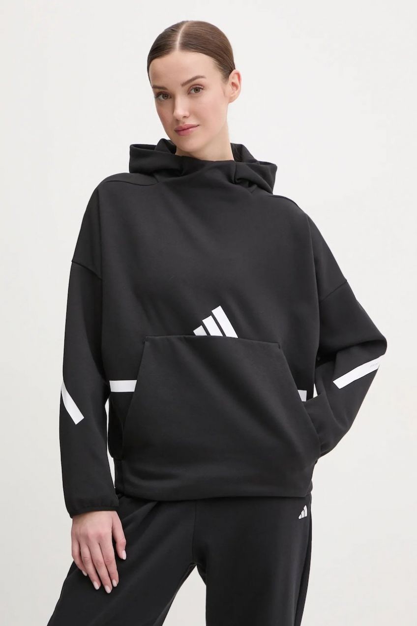 Mikina adidas Z.N.E. dámska, čierna farba, s kapucňou, s potlačou, JJ4760