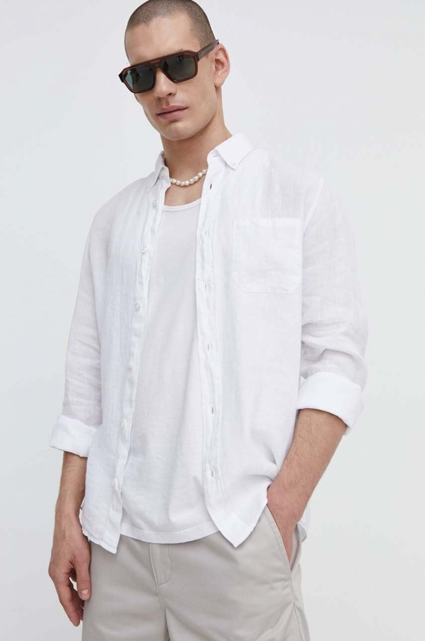 Ľanová košeľa HUGO biela farba, regular, s golierom button-down, 50514162