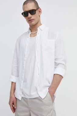 Ľanová košeľa HUGO biela farba, regular, s golierom button-down, 50514162