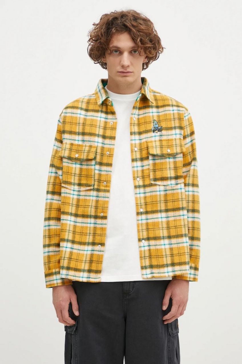 Košeľa ICECREAM Flannel Overshirt pánska, žltá farba, voľný strih, s klasickým golierom, IC24319