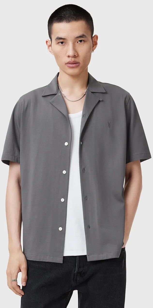 Bavlnená košeľa AllSaints HUDSON pánska, šedá farba, voľný strih, M081SA