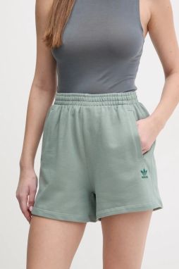 Bavlnené šortky adidas Originals Essential dámske, zelená farba, jednofarebné, vysoký pás, JJ3463