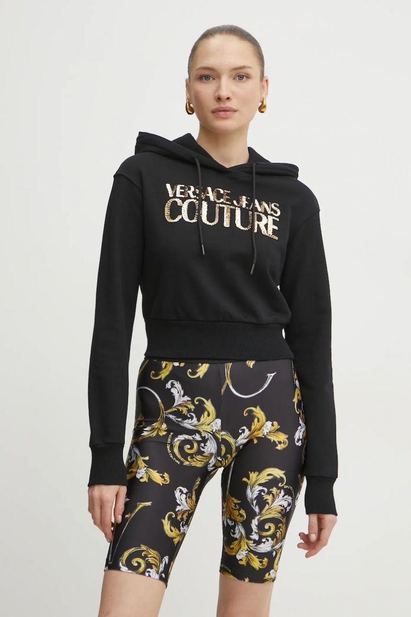 Bavlnená mikina Versace Jeans Couture dámska, čierna farba, s kapucňou, s nášivkou, 78HAIE00 CF00E