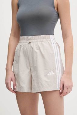 Šortky adidas Essentials dámske, šedá farba, s nášivkou, vysoký pás, JC8165