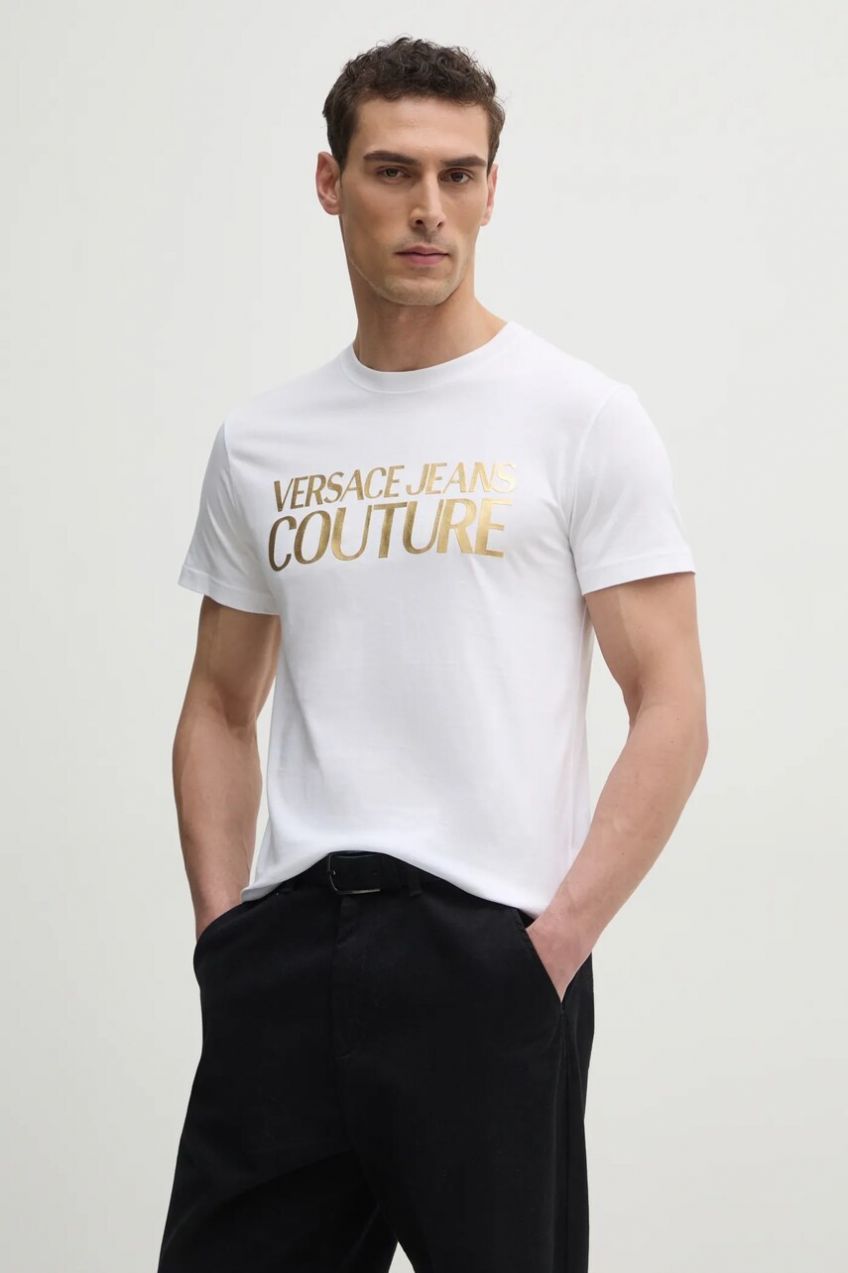 Bavlnené tričko Versace Jeans Couture pánske, biela farba, s potlačou, 78GAHT05 CJ00T