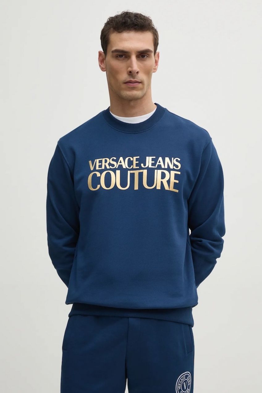 Bavlnená mikina Versace Jeans Couture pánska, tmavomodrá farba, s potlačou, 78GAIT05 CF01T