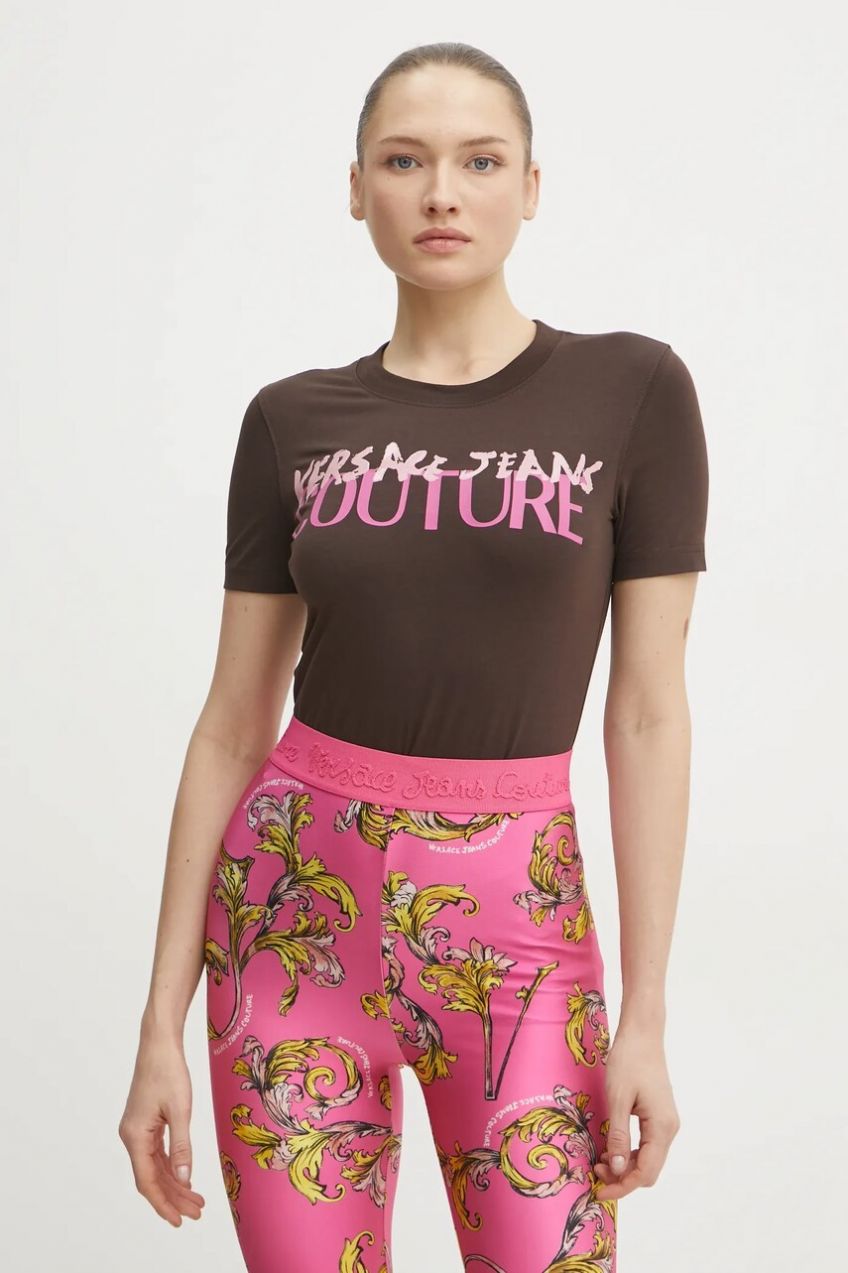Tričko Versace Jeans Couture dámske, hnedá farba, 78HAHE06 CJ02E