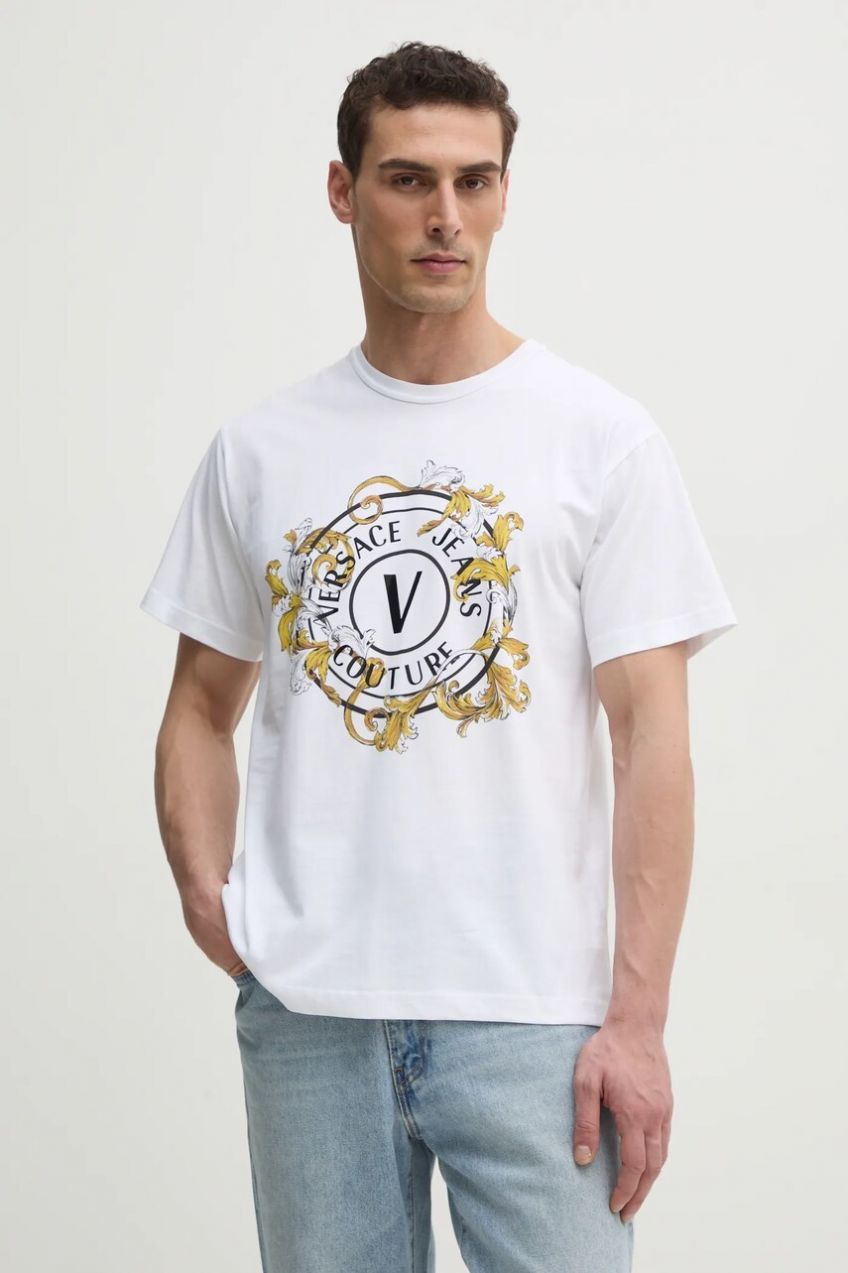 Bavlnené tričko Versace Jeans Couture pánske, biela farba, s potlačou, 78GAHC01 CJ01C