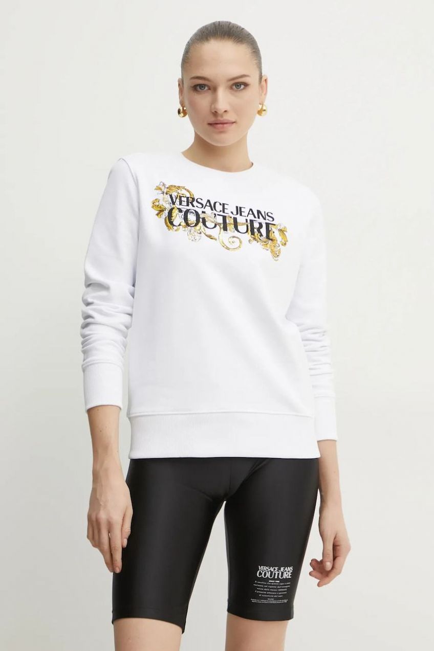 Bavlnená mikina Versace Jeans Couture dámska, biela farba, s nášivkou, 78HAIC06 CF00C