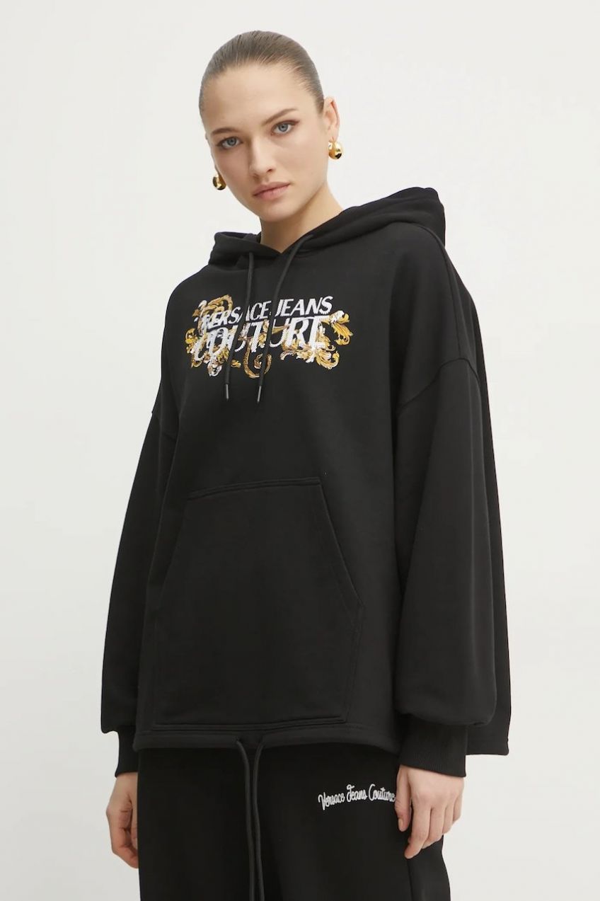 Bavlnená mikina Versace Jeans Couture dámska, čierna farba, s kapucňou, s nášivkou, 78HAIC05 CF00C