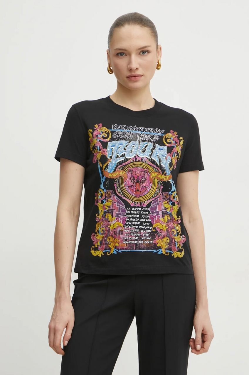 Bavlnené tričko Versace Jeans Couture dámske, čierna farba, 78HAHC03 CJ01C
