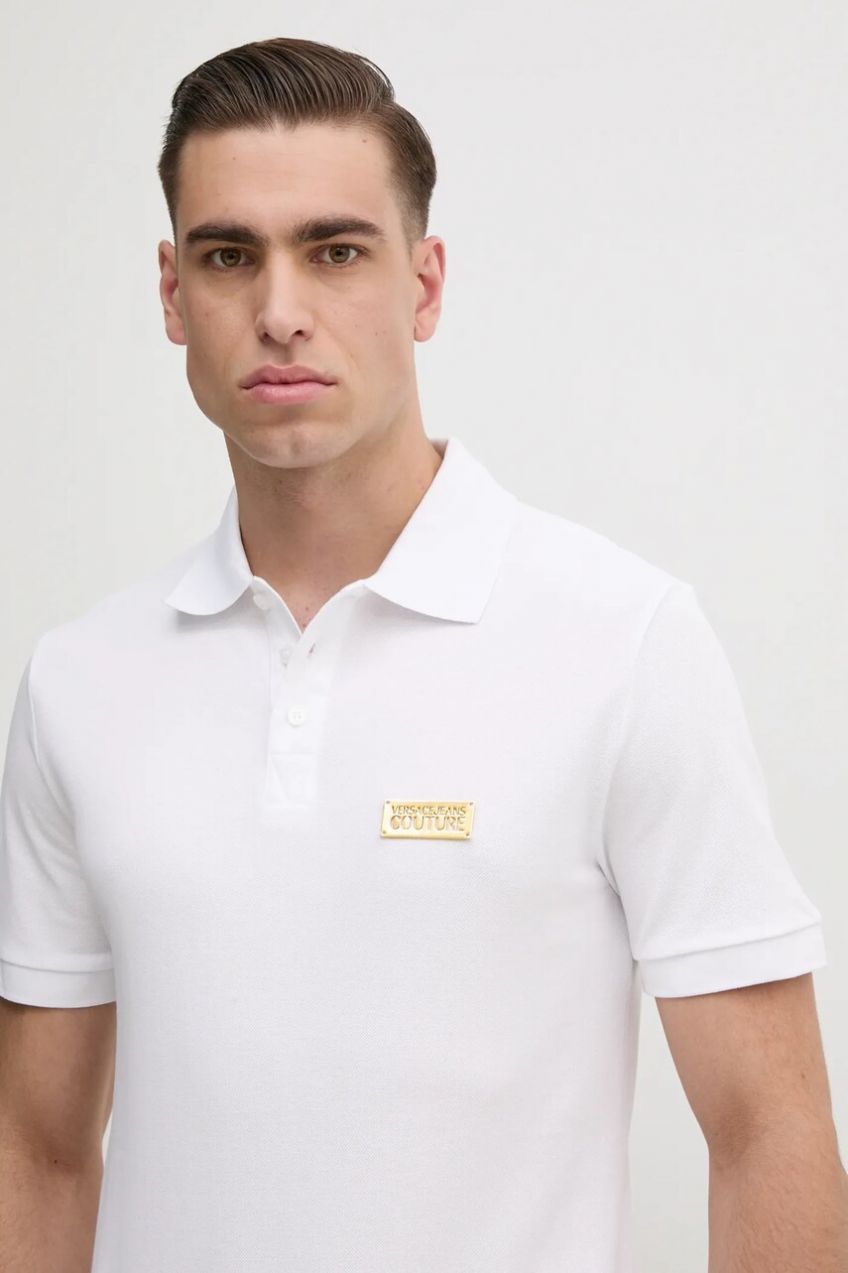 Bavlnené polo tričko Versace Jeans Couture pánske, biela farba, s nášivkou, 78GAGT08 CJ01T