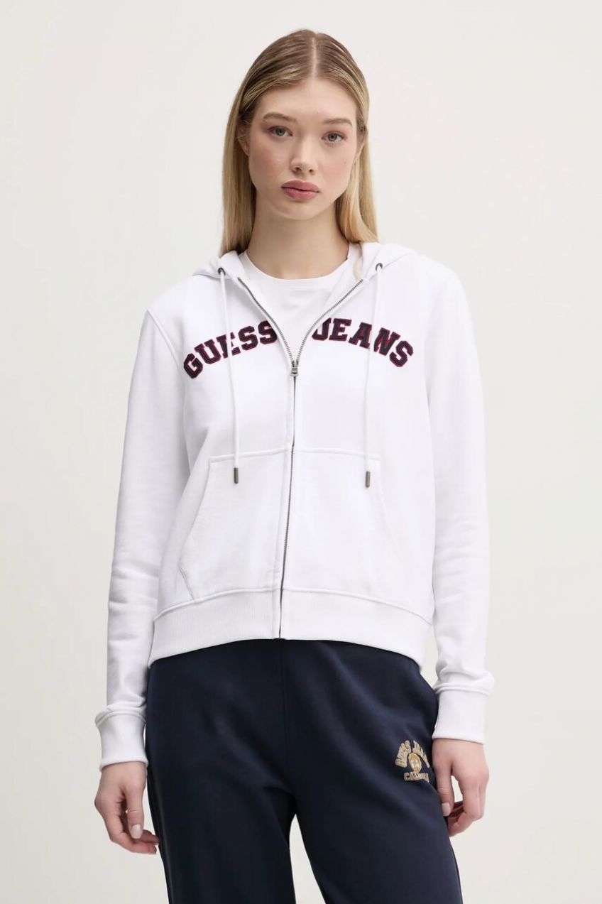 Bavlnená mikina Guess Jeans dámska, biela farba, s kapucňou, melanžová, W5RQ20 K68I4