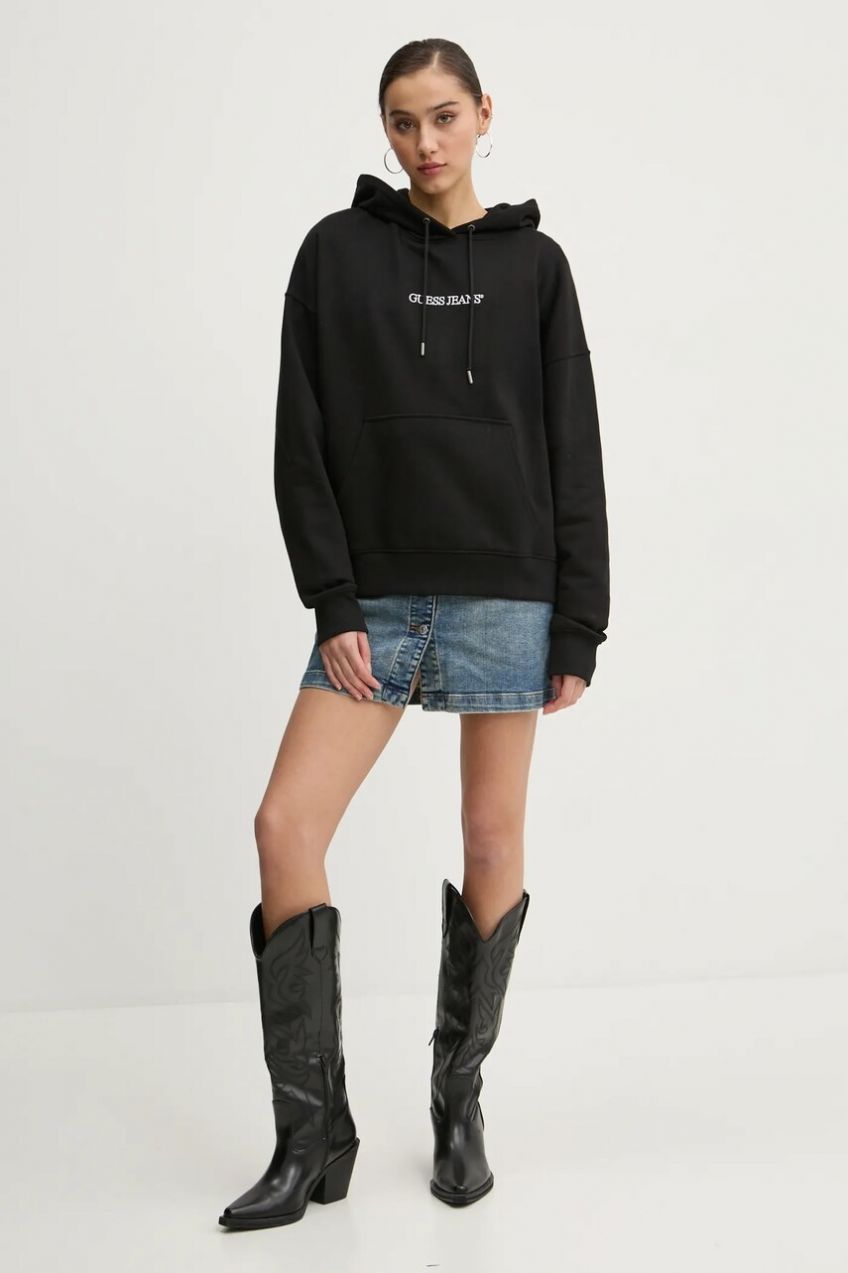 Bavlnená mikina Guess Jeans dámska, čierna farba, s kapucňou, s nášivkou, W5RQ27 K68I4