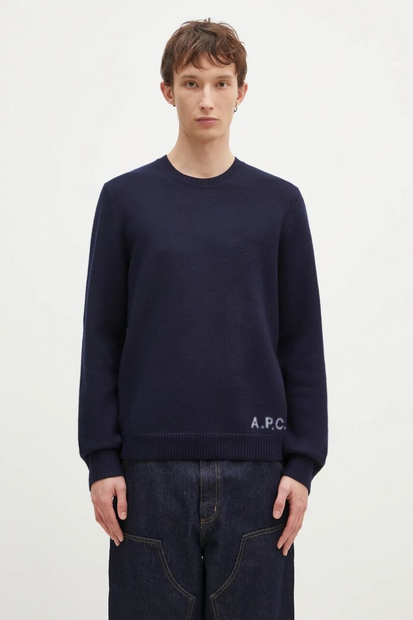 Vlnený sveter A.P.C. Pull Edward pánsky, tmavomodrá farba, WVBDJ.H23059