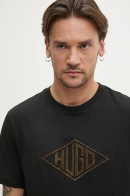Bavlnené tričko HUGO pánske, čierna farba, s nášivkou, 50534934
