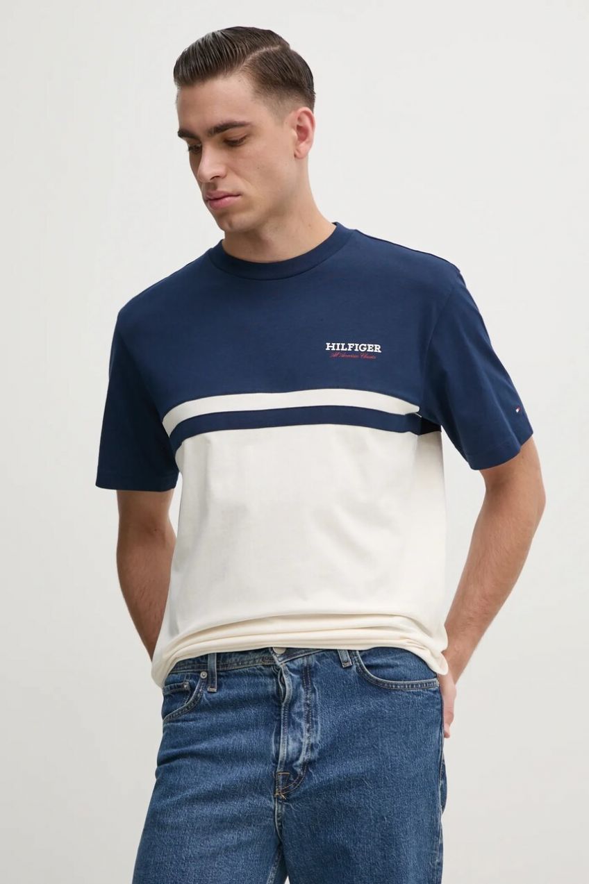 Bavlnené tričko Tommy Hilfiger pánske, tmavomodrá farba, vzorované, MW0MW39169