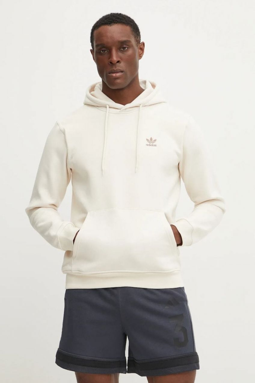 Mikina adidas Originals Essential pánska, béžová farba, s kapucňou, jednofarebná, JD2402