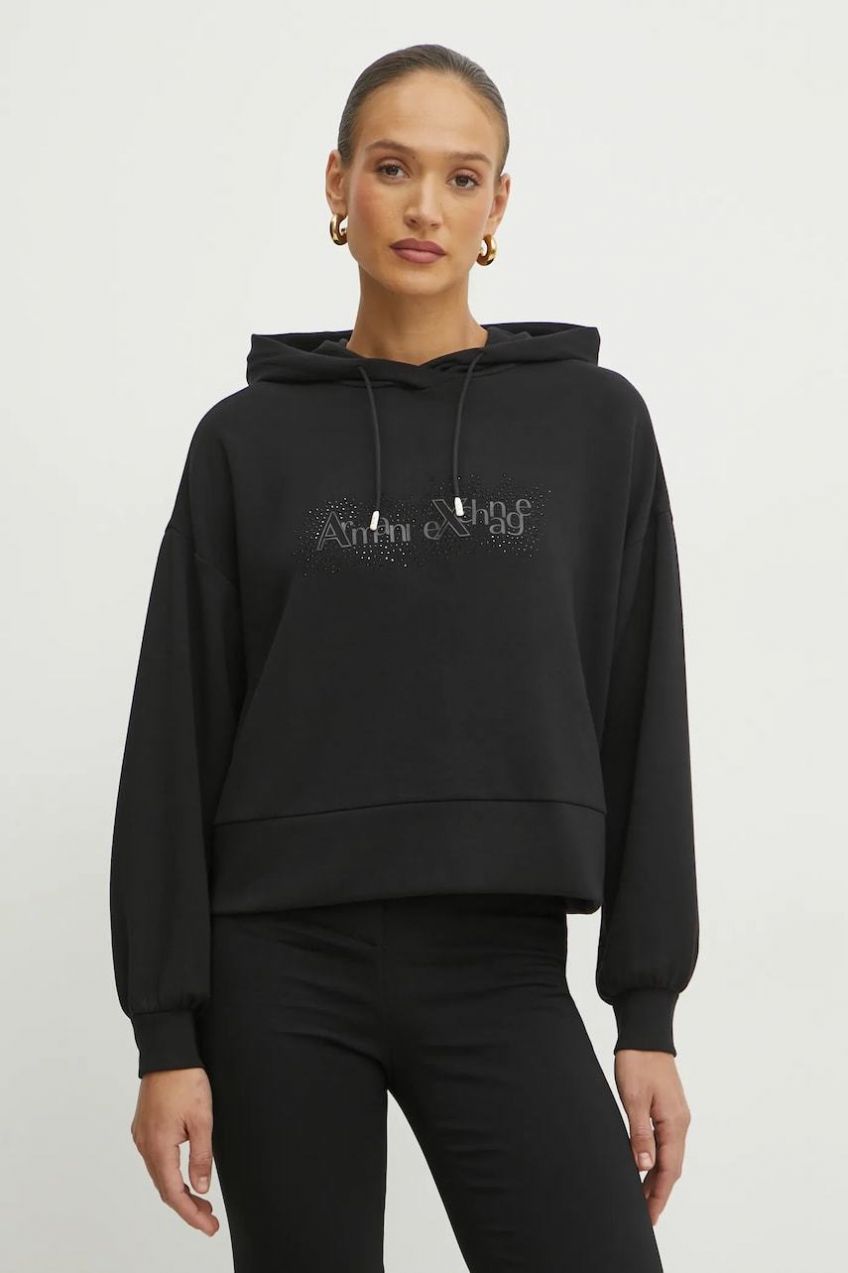 Mikina Armani Exchange dámska, čierna farba, s kapucňou, s potlačou, XW000094 AF10804