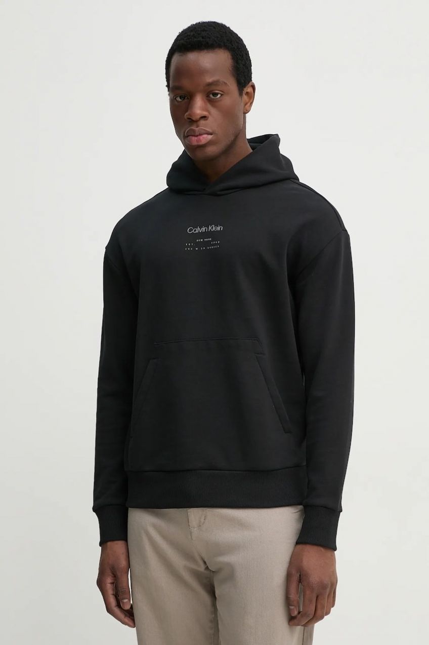 Bavlnená mikina Calvin Klein pánska, čierna farba, s kapucňou, s potlačou, K10K114262