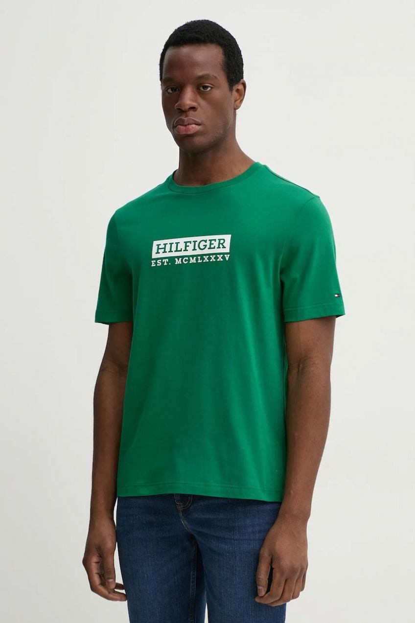 Bavlnené tričko Tommy Hilfiger pánske, zelená farba, s potlačou, MW0MW39149