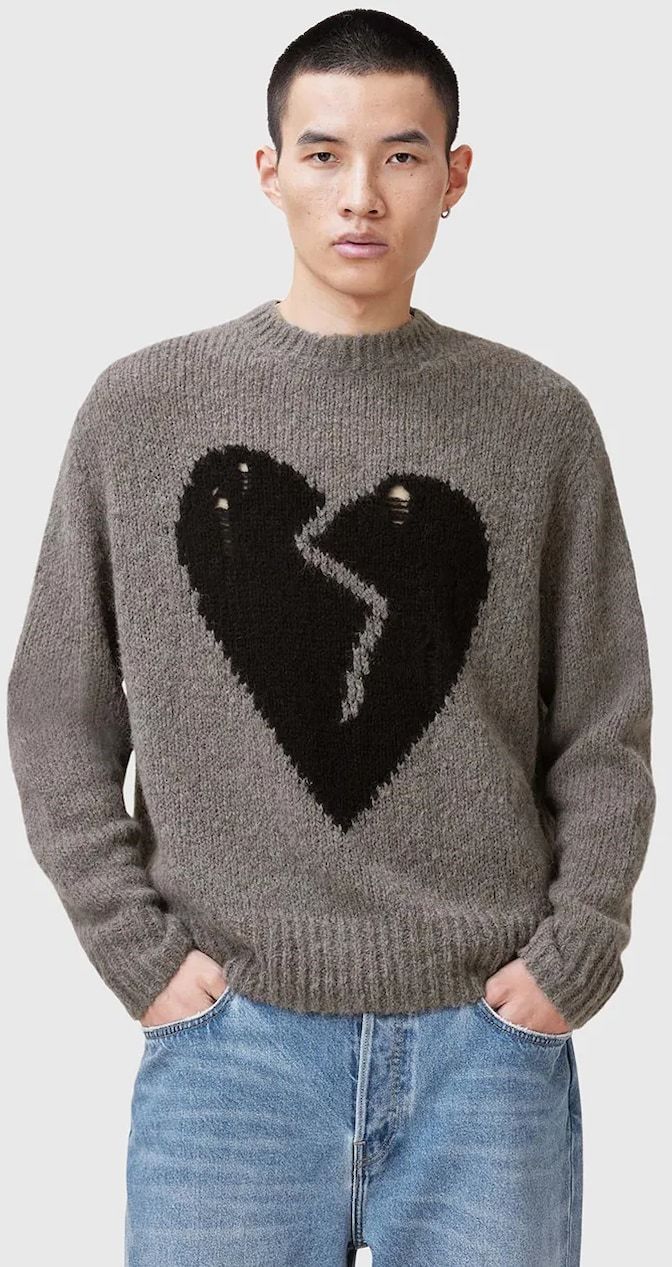 Vlnený sveter AllSaints LUVHEART pánsky, šedá farba, teplý, M001KC