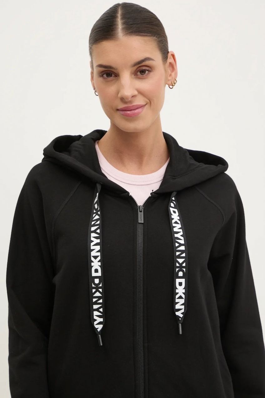 Mikina Dkny dámska, čierna farba, s kapucňou, jednofarebná, DP5J9510