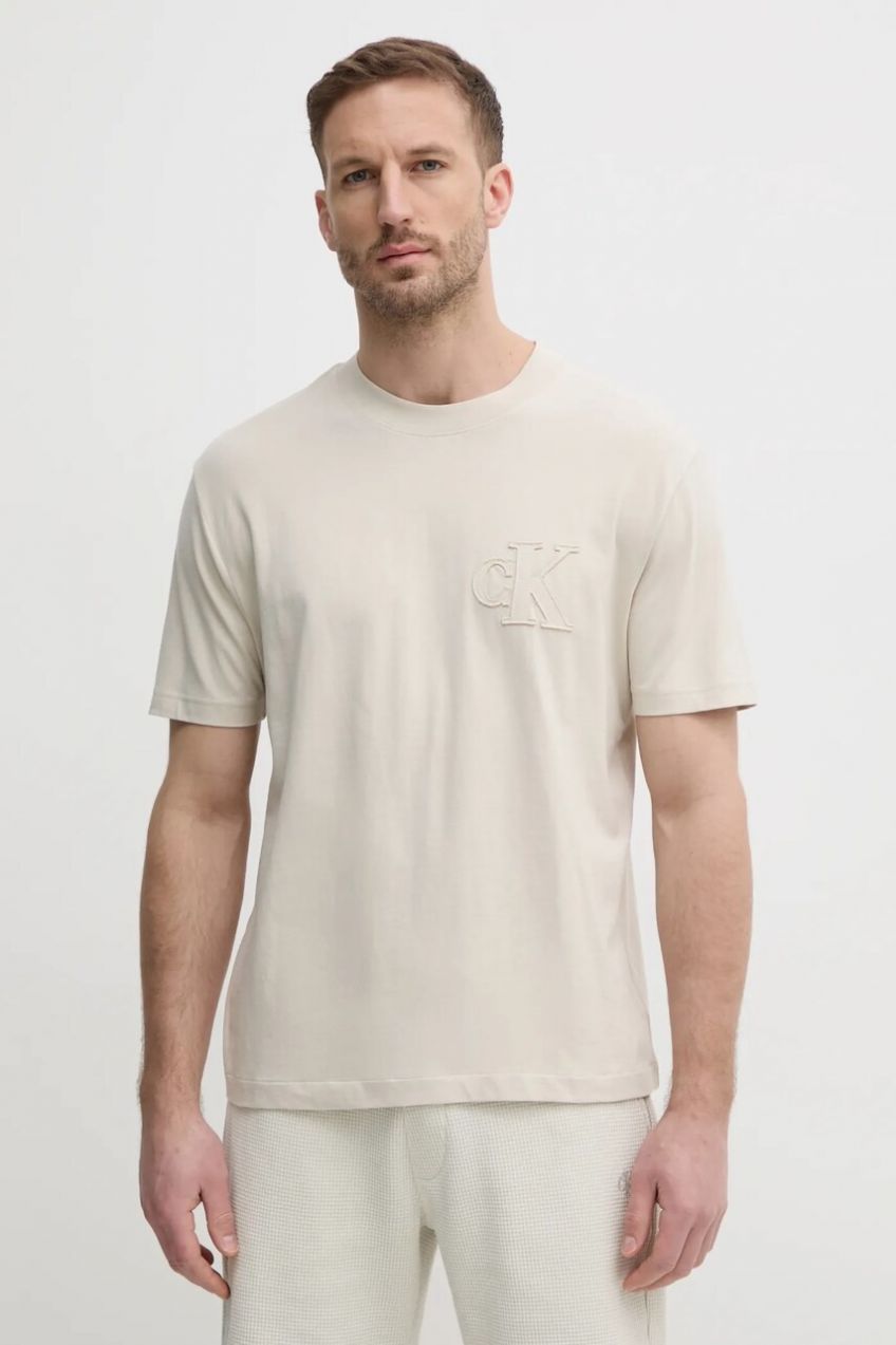Bavlnené tričko Calvin Klein Jeans pánske, béžová farba, jednofarebné, J30J327494