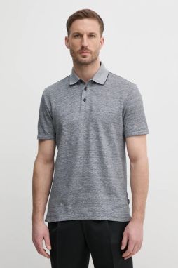 Ľanové polo BOSS pánske, šedá farba, melanžové, 50537501
