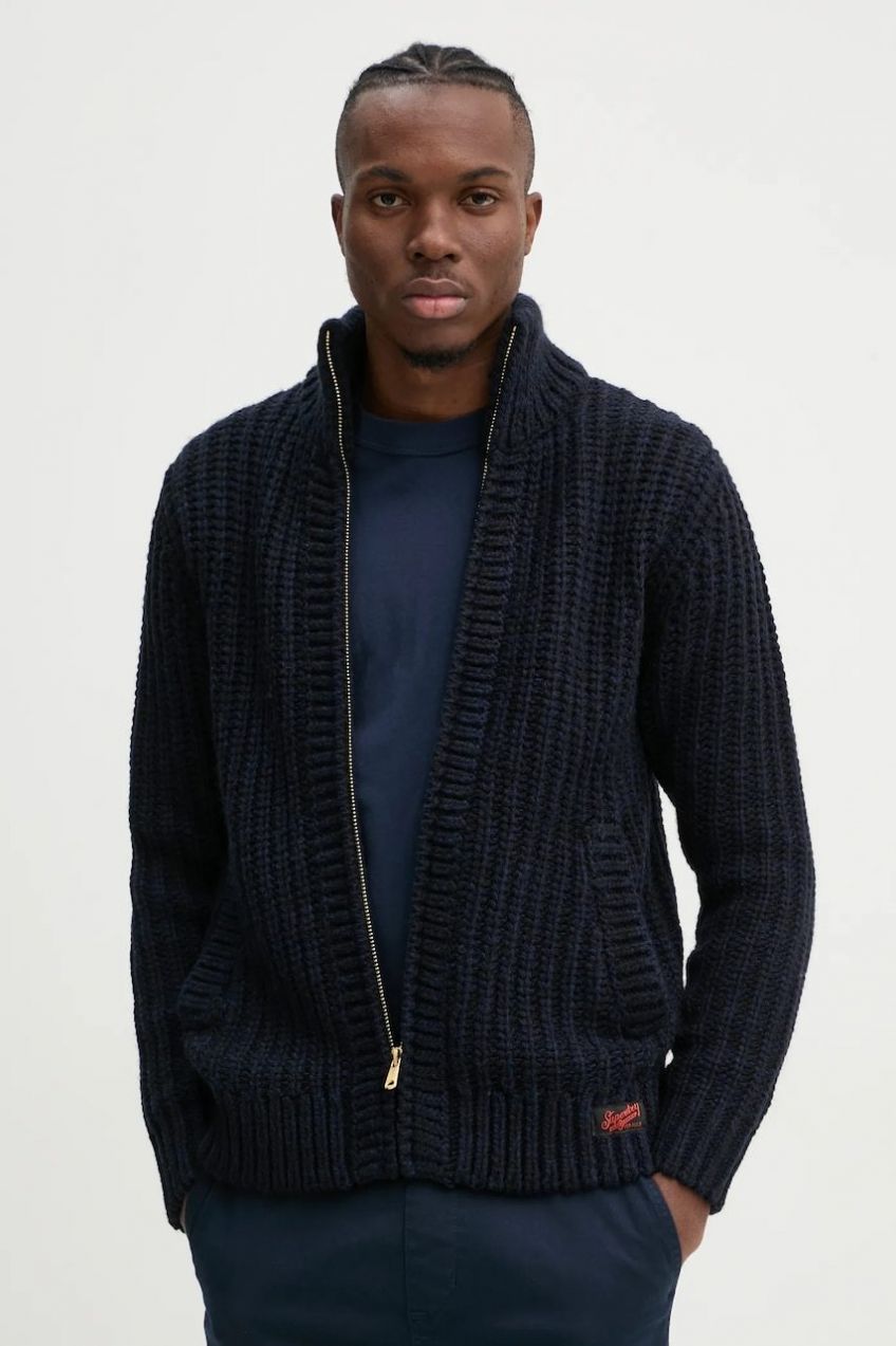 Kardigán s prímesou vlny Superdry pánsky, tmavomodrá farba, M6110591A-4BL