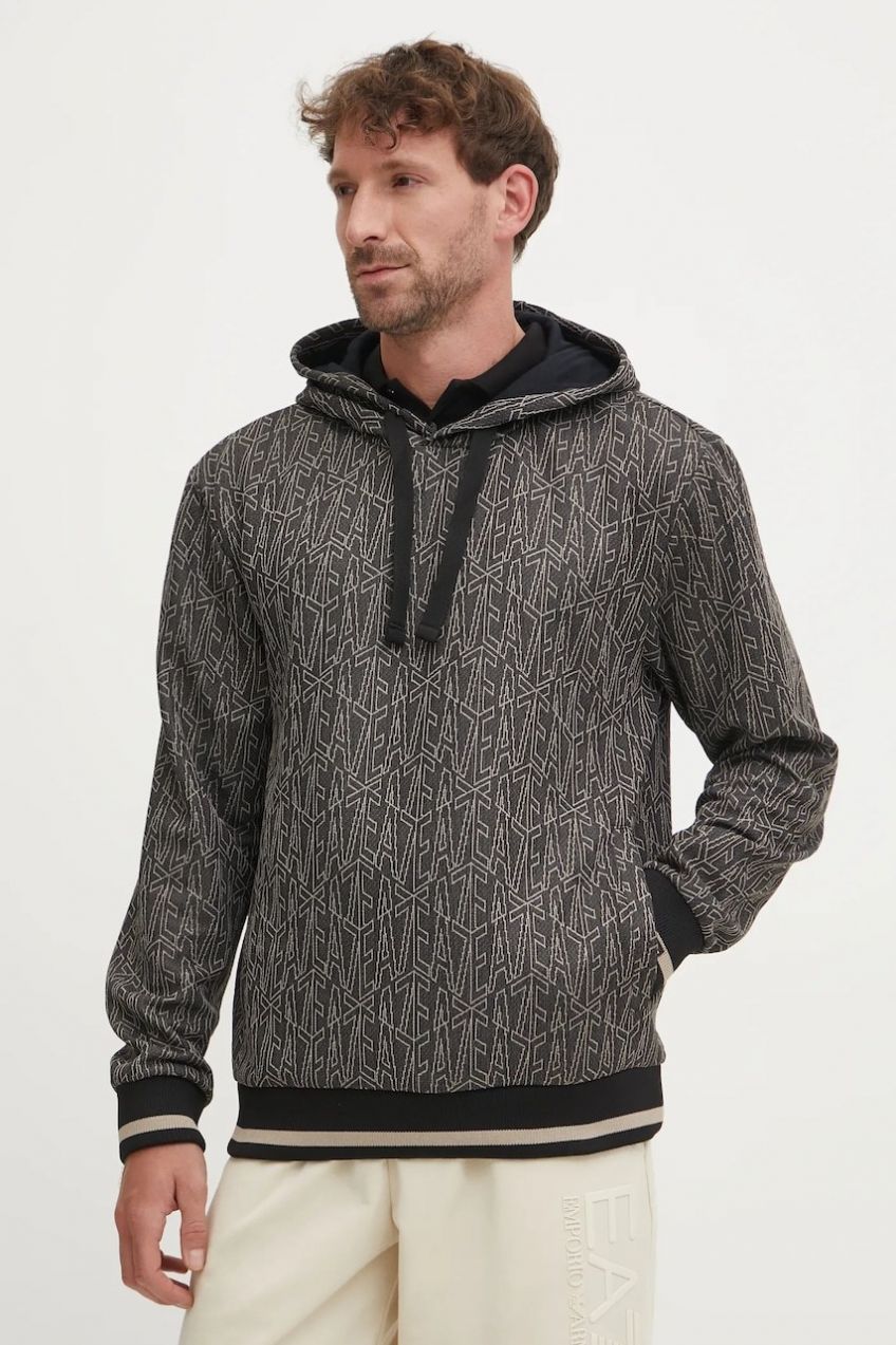 Mikina EA7 Emporio Armani pánska, šedá farba, s kapucňou, vzorovaná, AF13961.7M000100