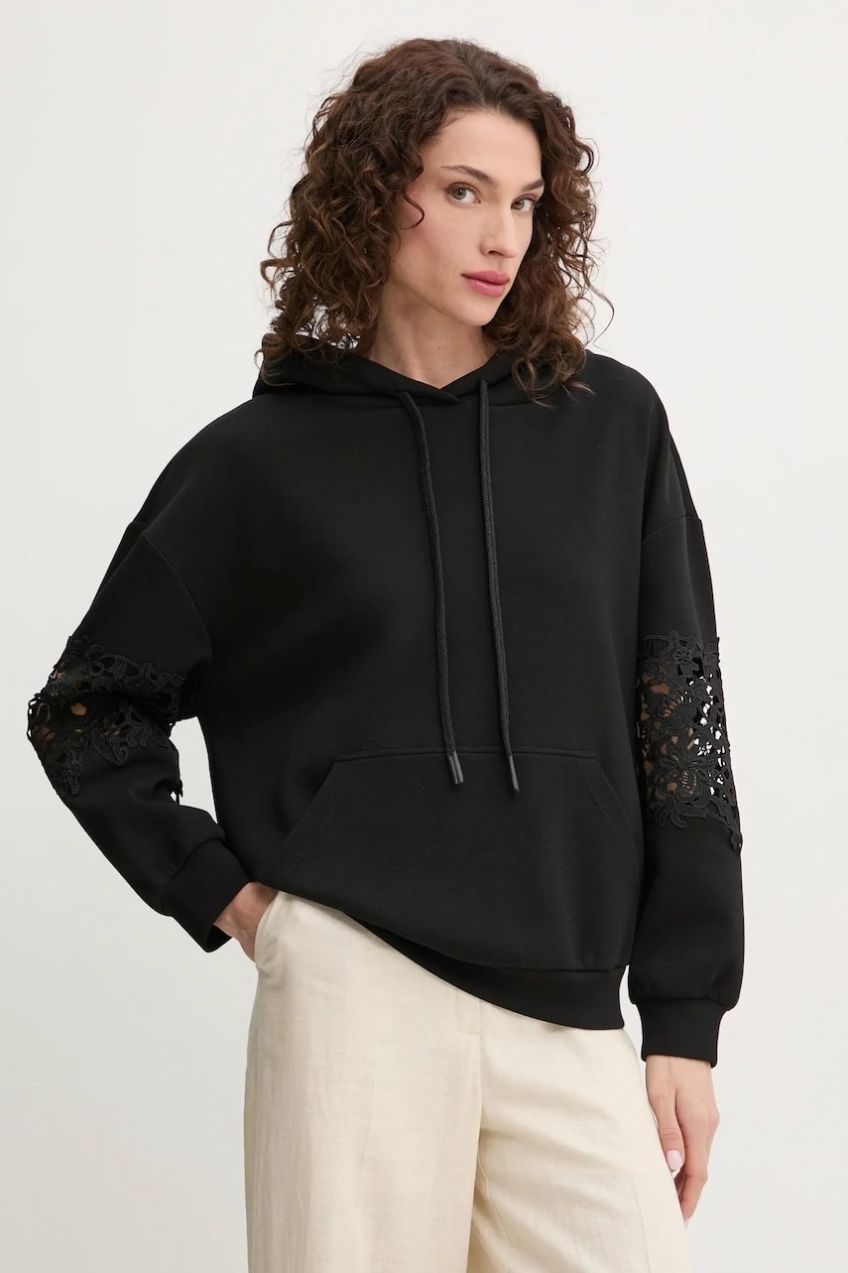 Mikina Twinset dámska, čierna farba, s kapucňou, jednofarebná, 251TP2700