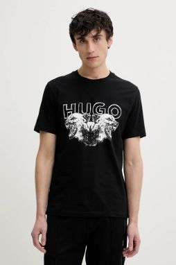 Bavlnené tričko HUGO pánske, čierna farba, s potlačou, 50538257