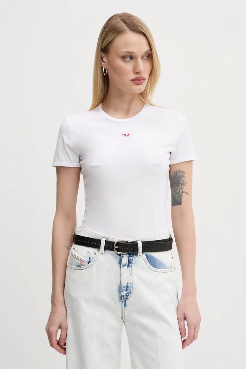 Bavlnené tričko Diesel T-UNCUTIE-LONG-D T-SHIRT dámske, biela farba, A14962.0GRAI