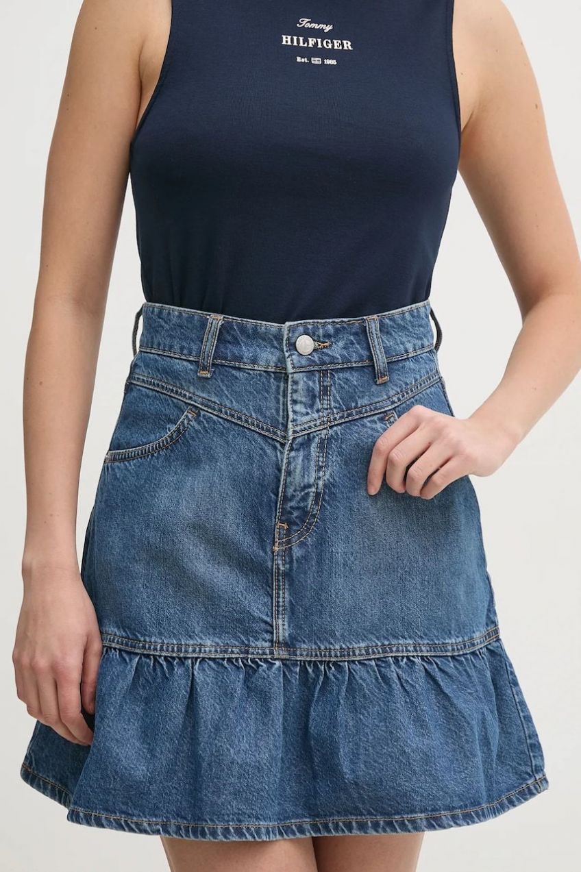 Rifľová sukňa Pepe Jeans MINI SKIRT HW RUFFLE mini, áčkový strih, PL901209