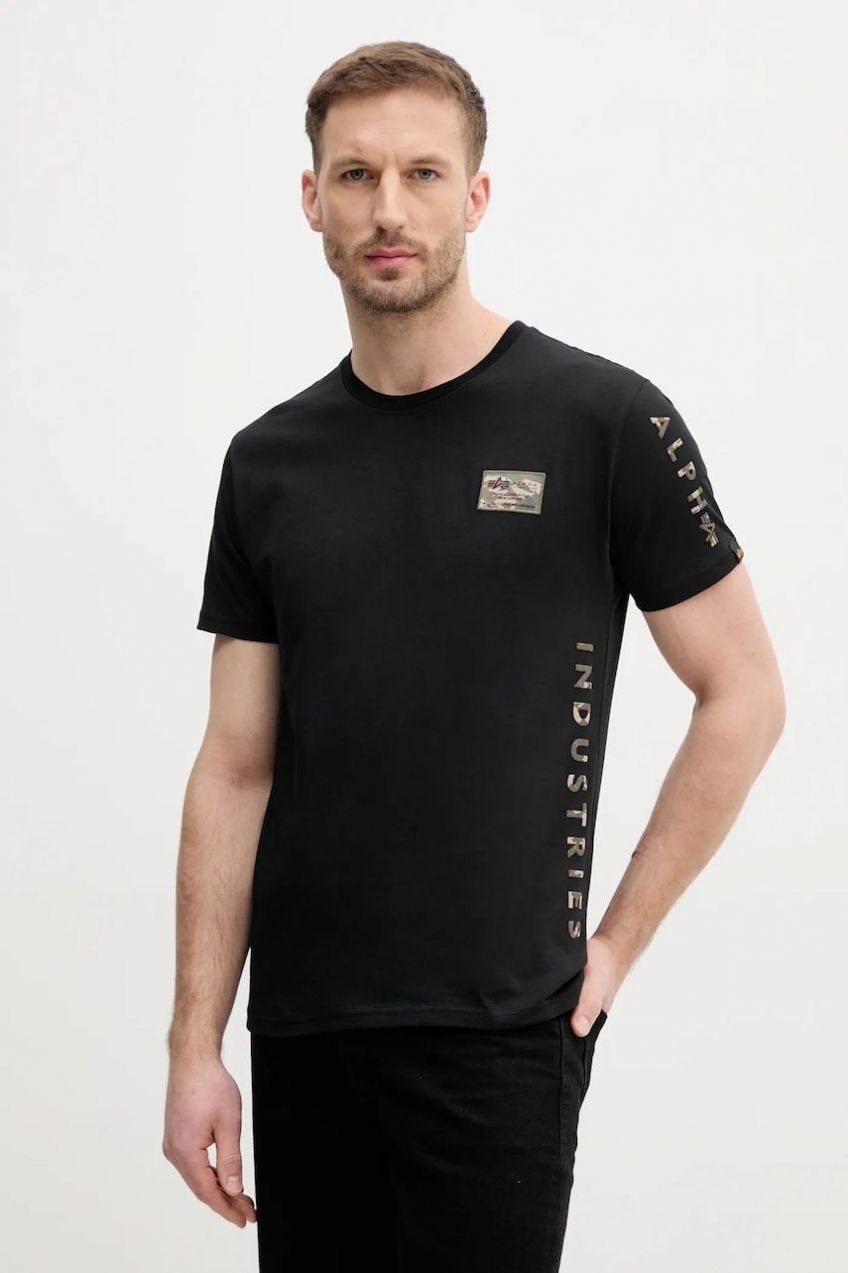 Bavlnené tričko Alpha Industries Camo Sleeve T pánske, čierna farba, s potlačou, 156522