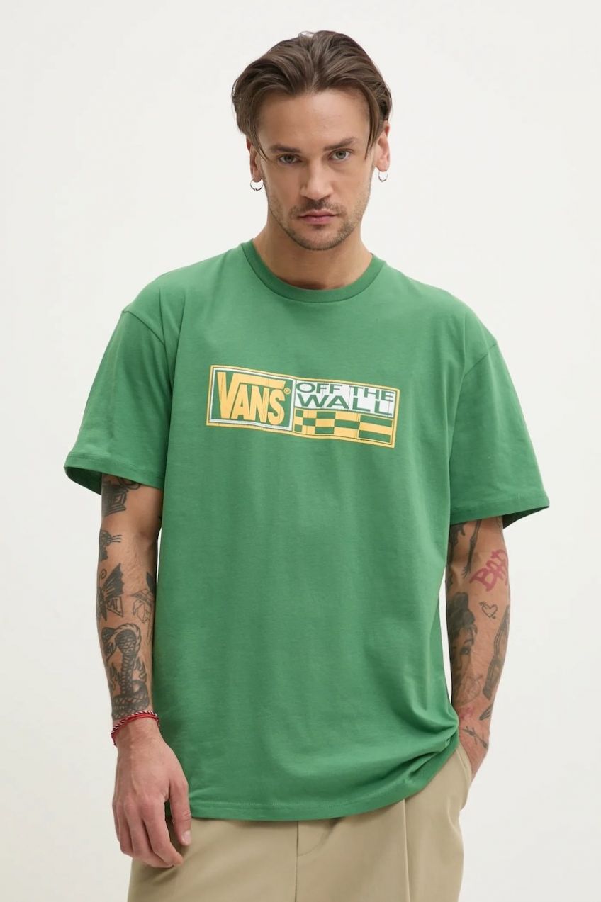 Bavlnené tričko Vans pánske, zelená farba, s potlačou, VN000NHMBR11