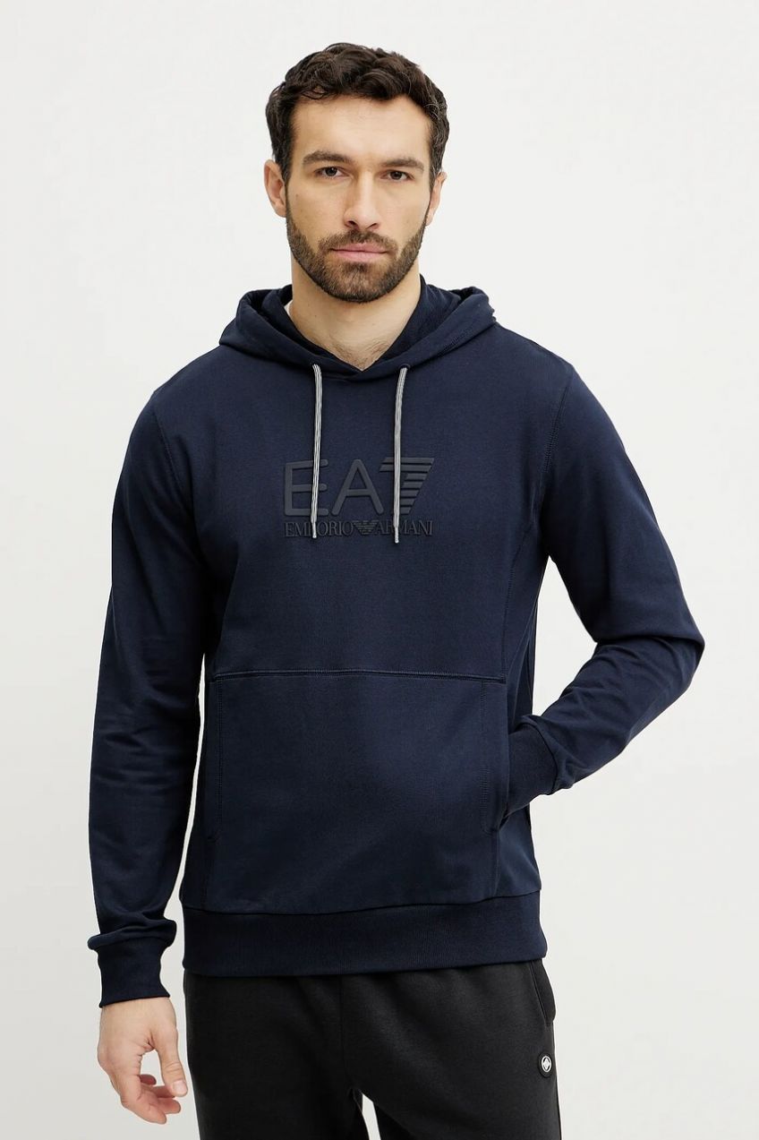 Mikina EA7 Emporio Armani pánska, tmavomodrá farba, s kapucňou, s potlačou, AF13512.7M000230