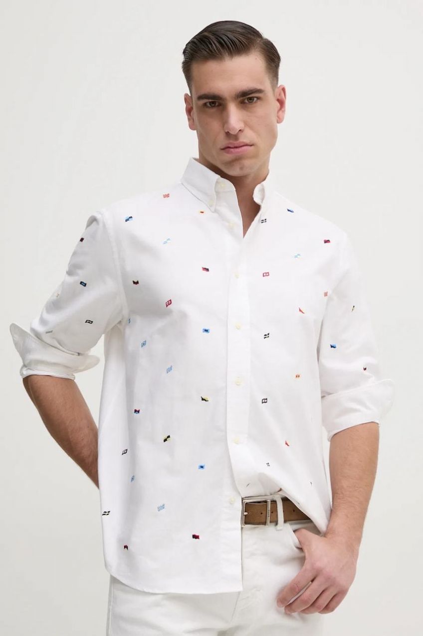 Bavlnená košeľa Tommy Hilfiger pánska, biela farba, voľný strih, s golierom button-down, MW0MW38563