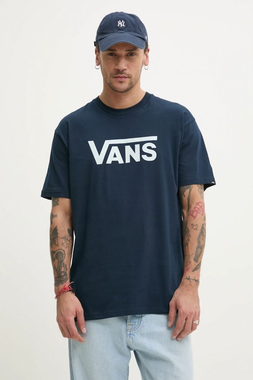 Bavlnené tričko Vans pánske, tmavomodrá farba, s potlačou, VN000GGGEB41