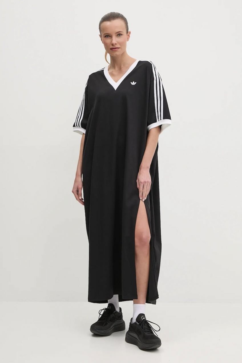 Bavlnené šaty adidas Originals V-NECK DRESS čierna farba, maxi, rovný strih, JX9219