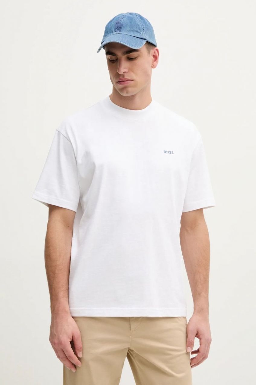 Bavlnené tričko BOSS Orange pánske, biela farba, s potlačou, 50540520