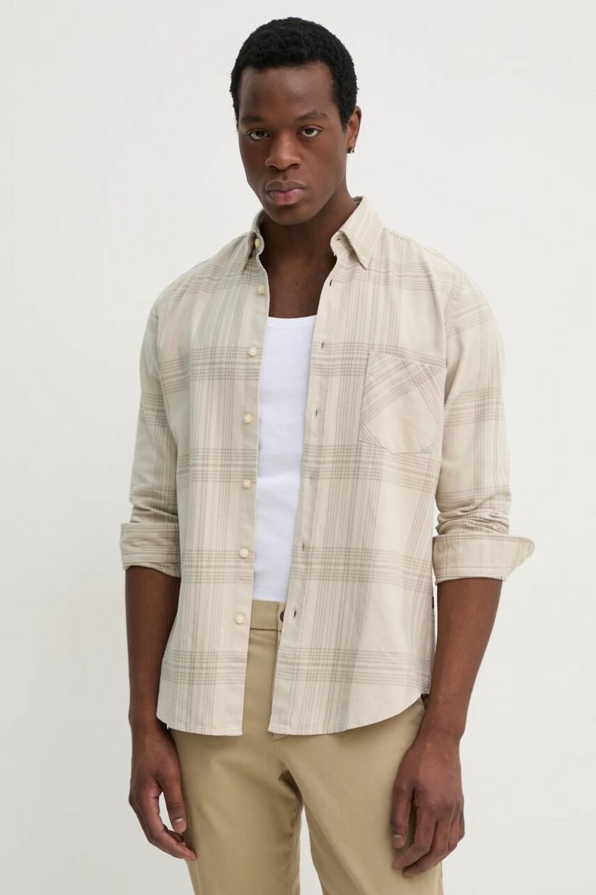 Bavlnená košeľa BOSS Orange pánska, béžová farba, regular, s golierom button-down, 50530843