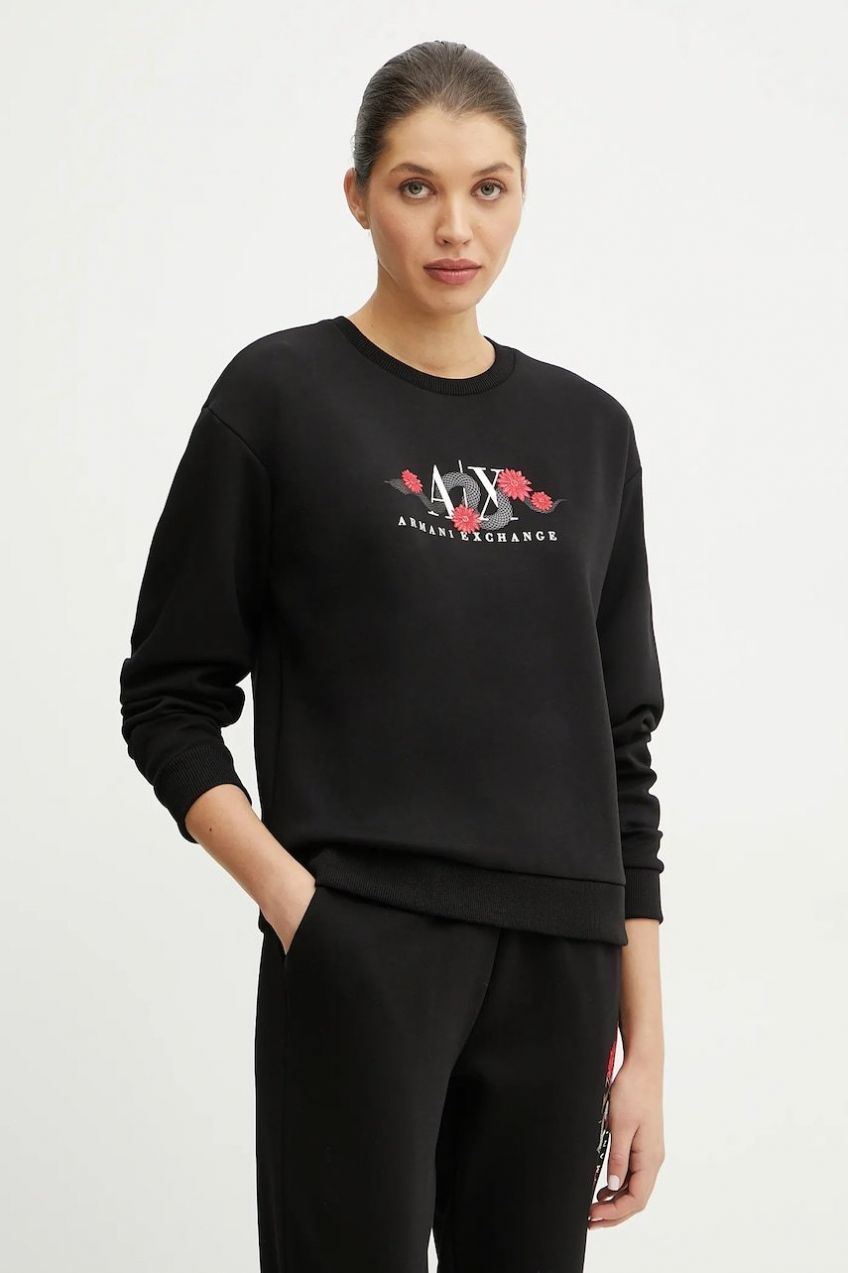 Mikina Armani Exchange dámska, čierna farba, s nášivkou, XW000313 AF12261