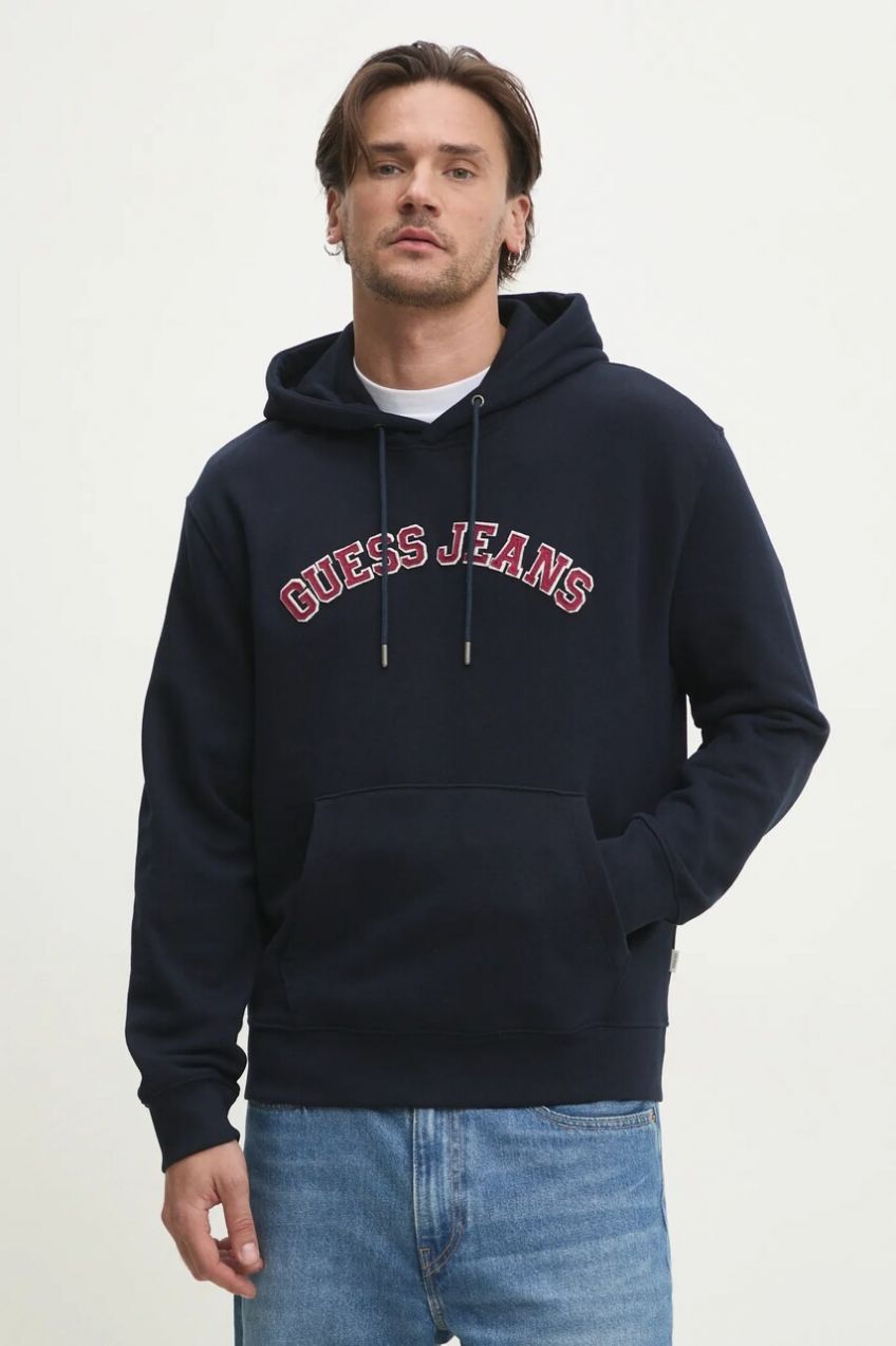 Bavlnená mikina Guess Jeans pánska, tmavomodrá farba, s kapucňou, s nášivkou, M5RQ44 KCPR1