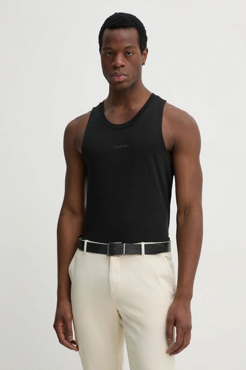 Tričko s prímesou ľanu Calvin Klein čierna farba, KM0KM01139