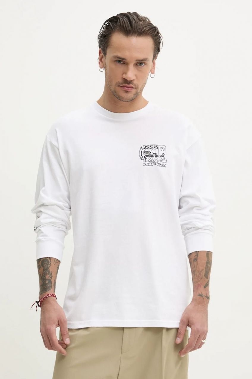 Bavlnené tričko s dlhým rukávom Vans biela farba, s potlačou, VN000M41WHT1